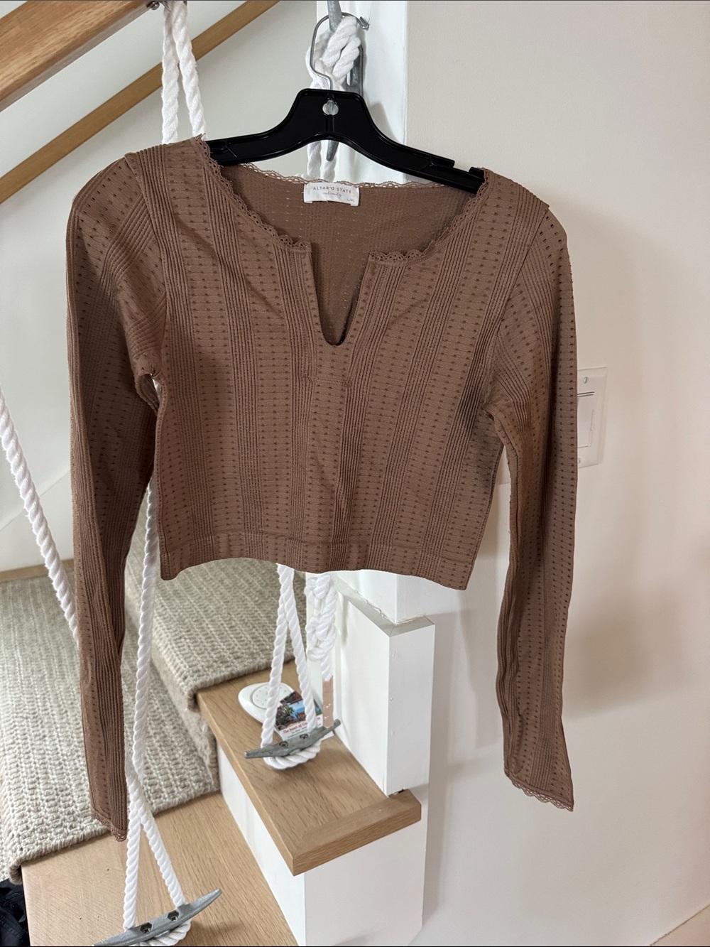Altar'd State Brown Eyelet-Texture Notch Crop Long Sleeve Top